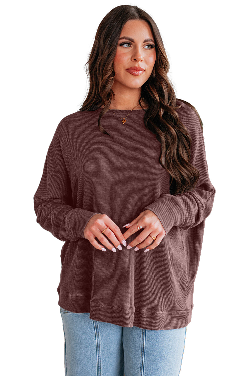 Dark Brown Ribbed Plain Long Sleeve Loose Top