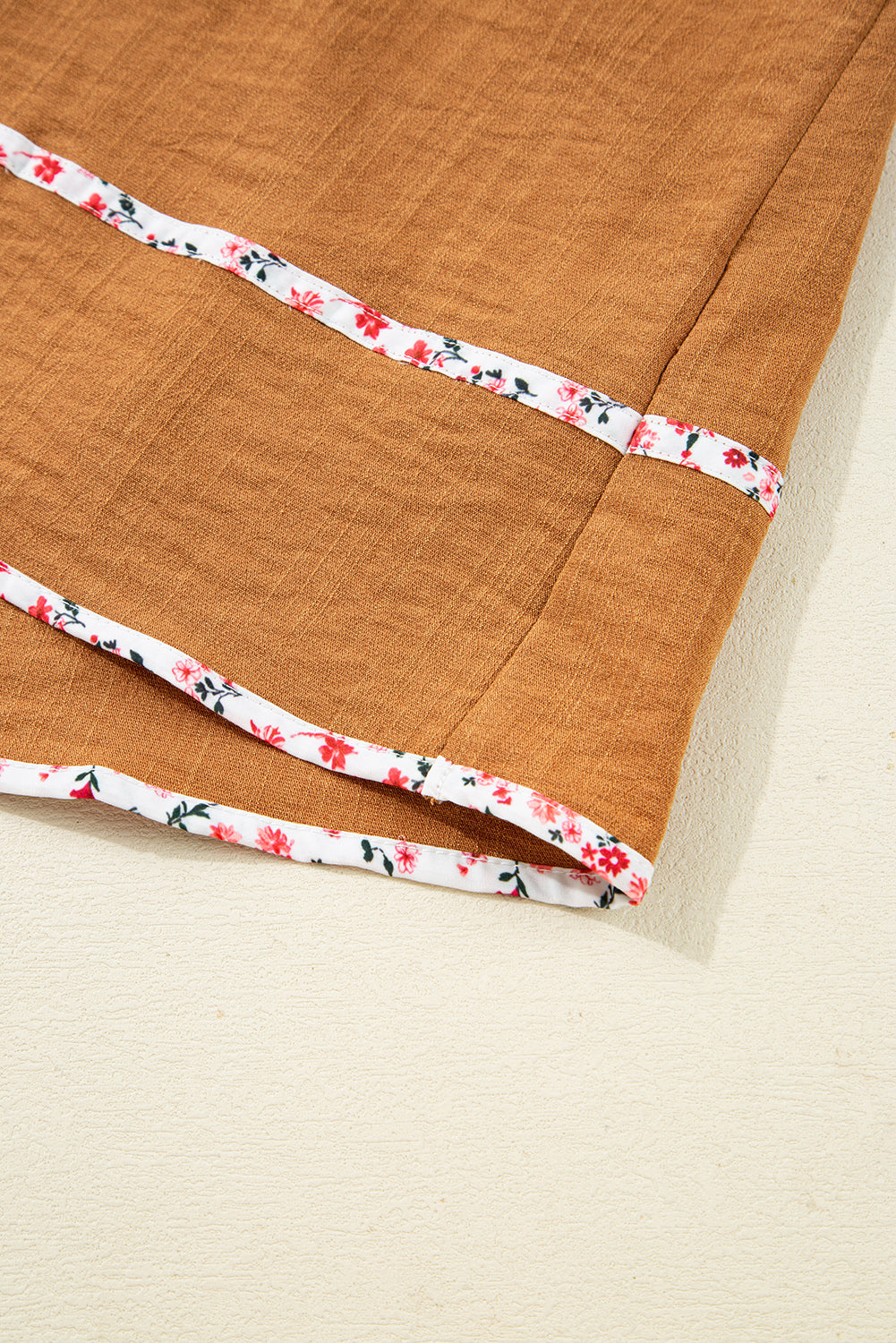 Straw Yellow Split Neck Pleated Floral Trim Puff Sleeve Blouse