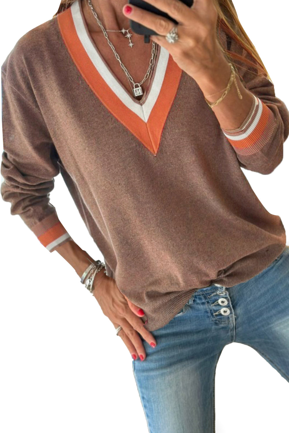 Dark Khaki Contrast Striped Trim V Neck Knit Sweater