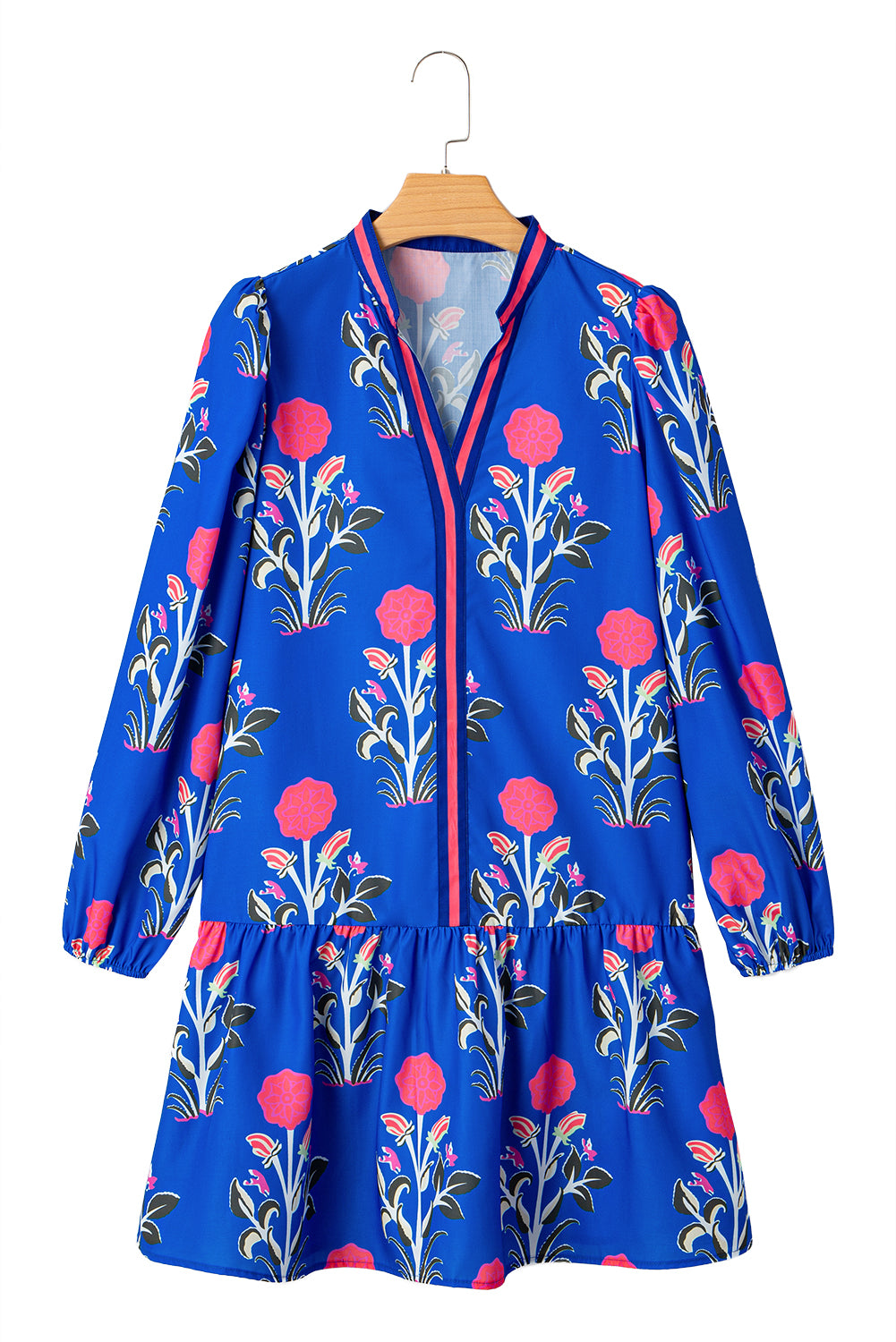 White Floral Print Pop of Color V Neck Mini Dress