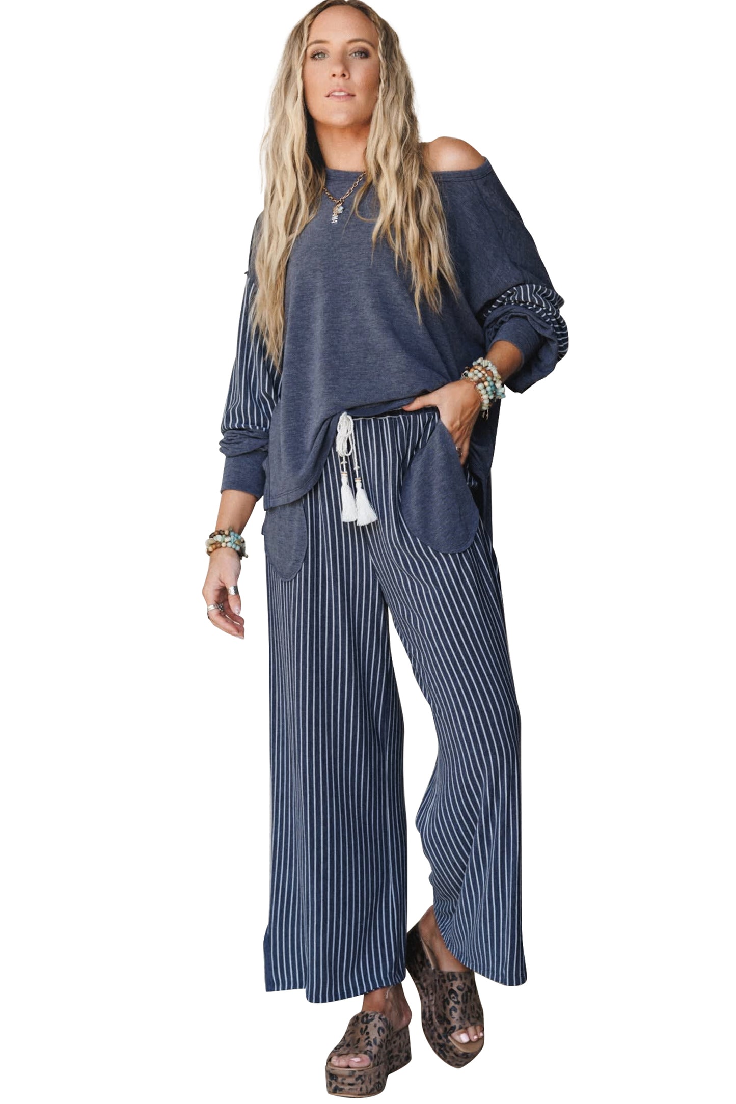 Fushia Raw Seam Patchwork Long Sleeve Top Pocket Casual Pants 2pcs Set