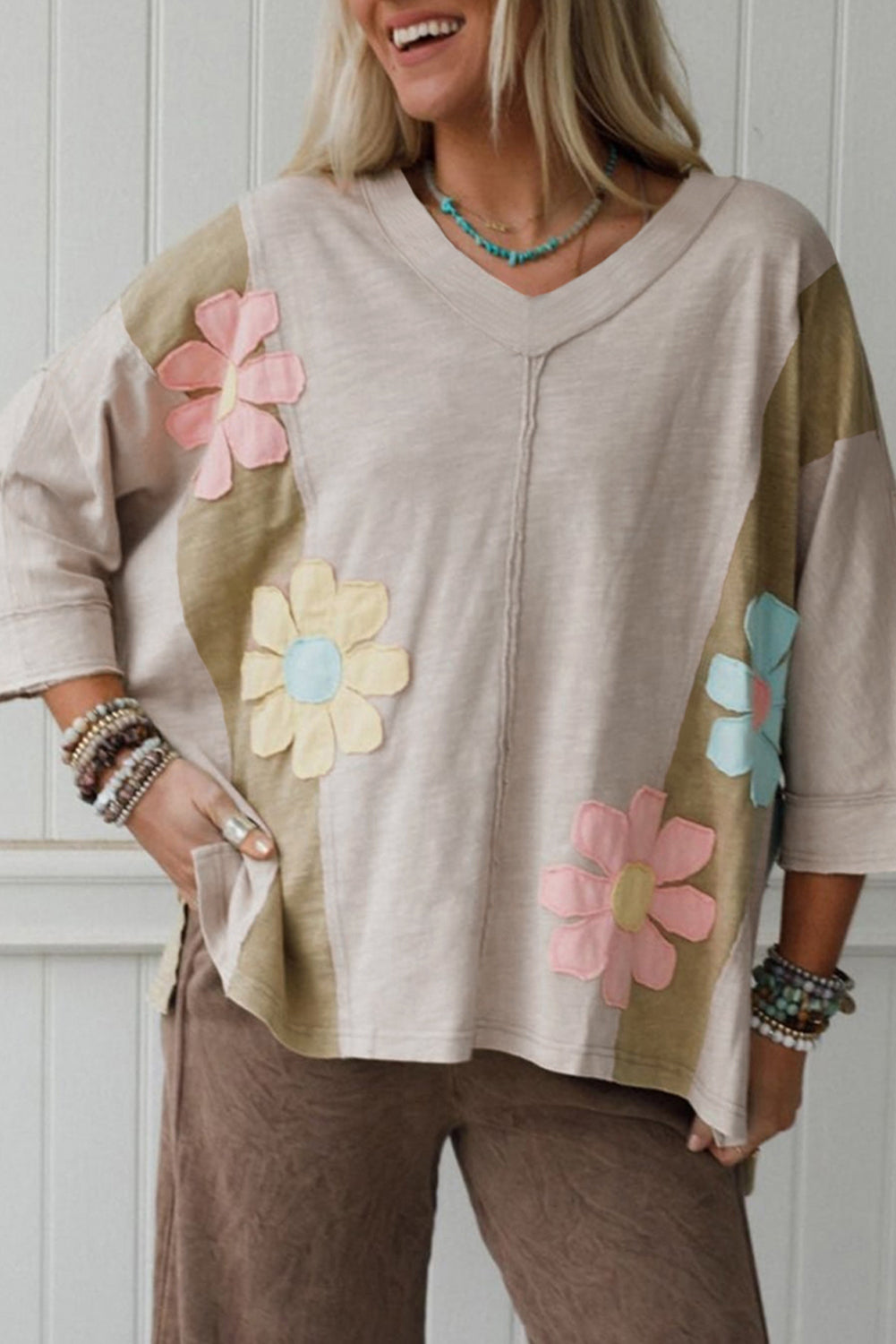 Pink Flower Patched Exposed Seam 3/4 Sleeve top