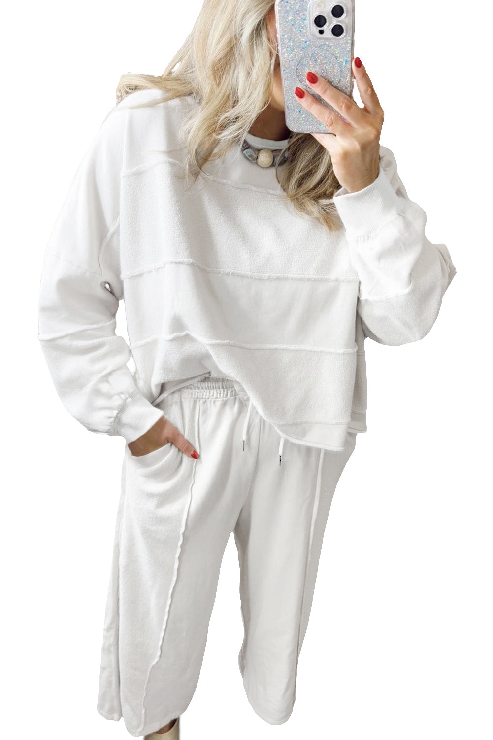White Textured Raw Seam Plus Size Pullover Top and Drawstring Pants Set