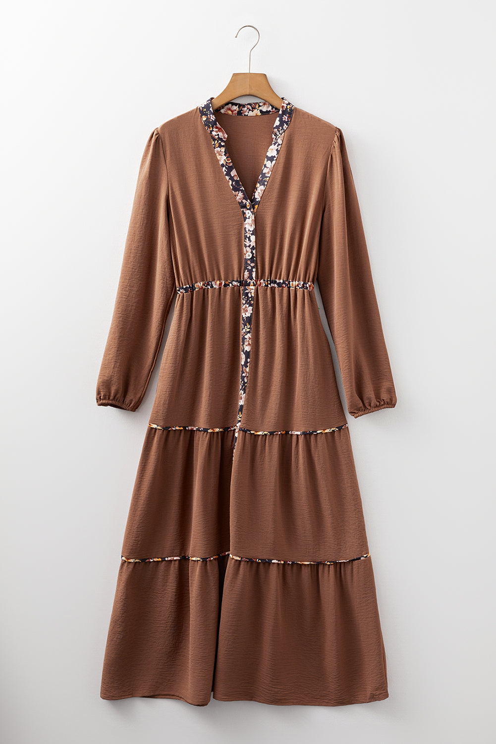 Chestnut Floral Patchwork Notched Neck Long Sleeve Maxi Dress