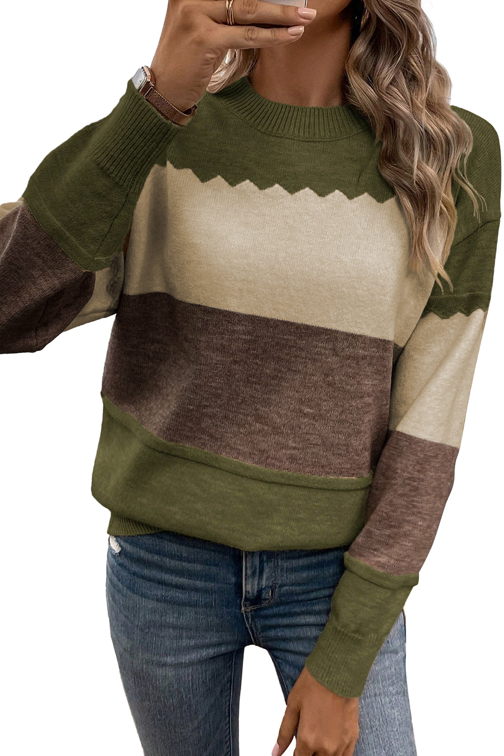 Brown Colorblock Crew Neck Drop Shoulder Sweater