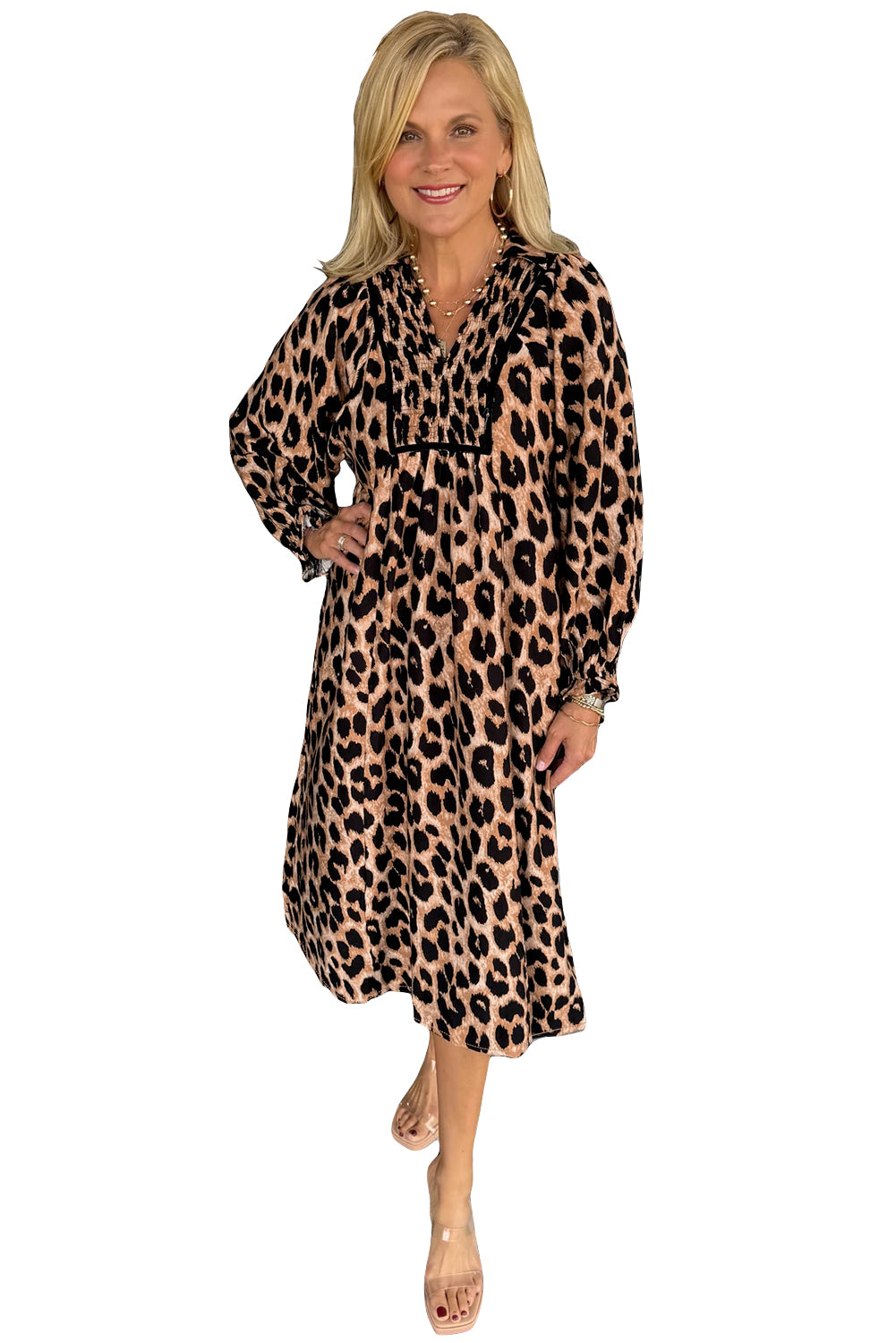 Brown Leopard Print Smocked Detail Flowy Midi Dress