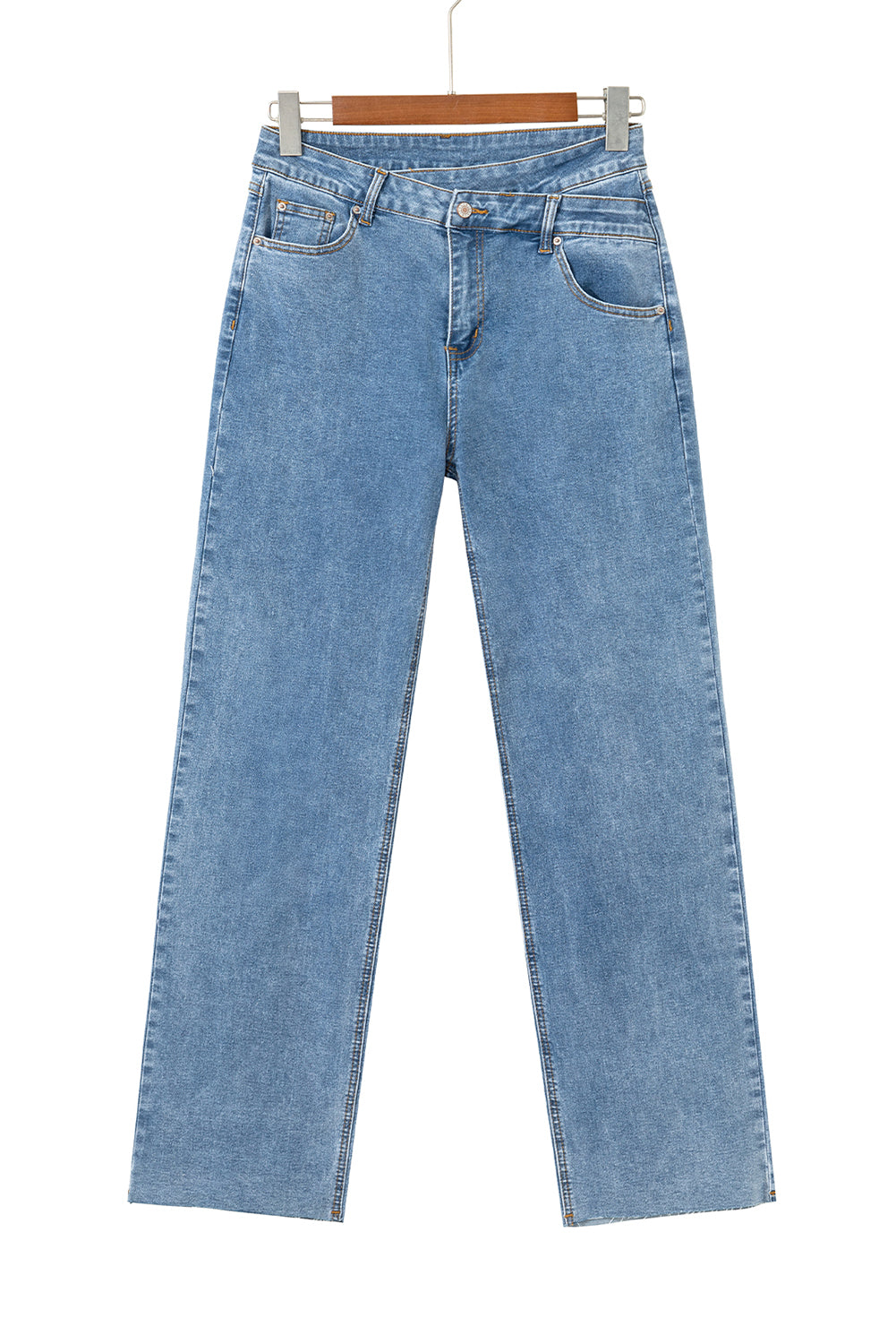 Blue Mid Rise Asymmetrical Waist Wide Leg Jeans
