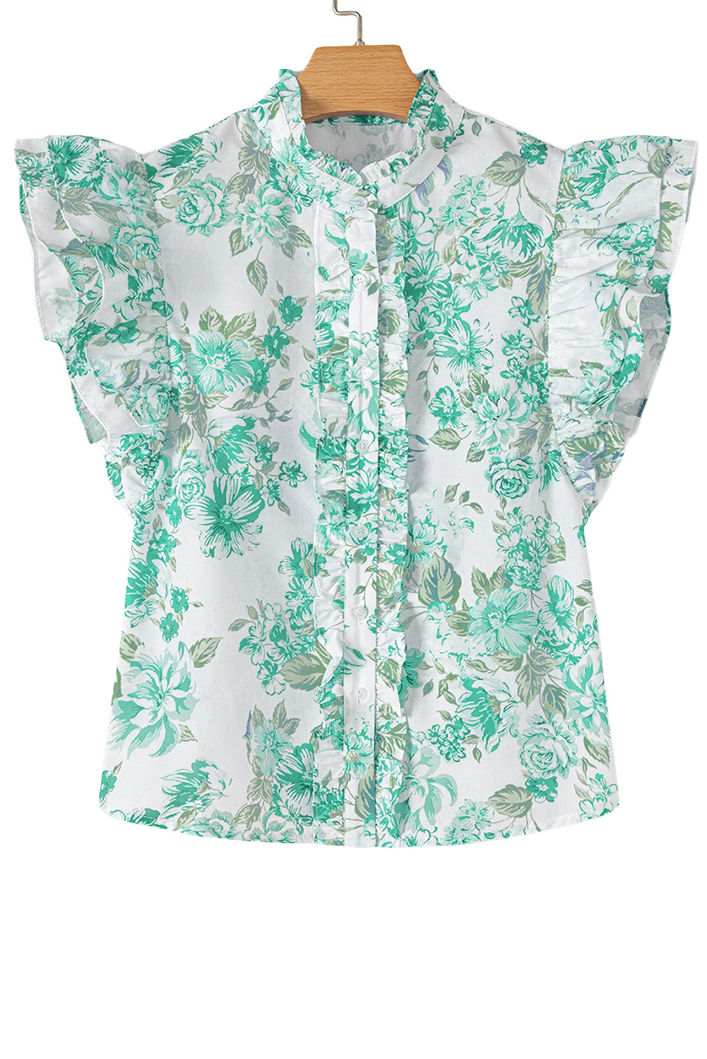 Green Floral Print Ruffle Sleeve Frill Shirt