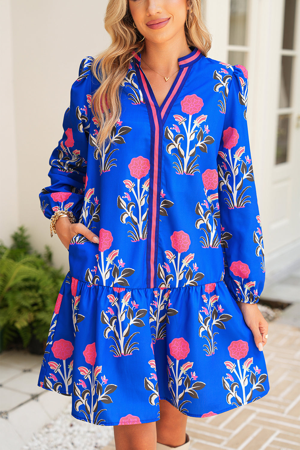 White Floral Print Pop of Color V Neck Mini Dress
