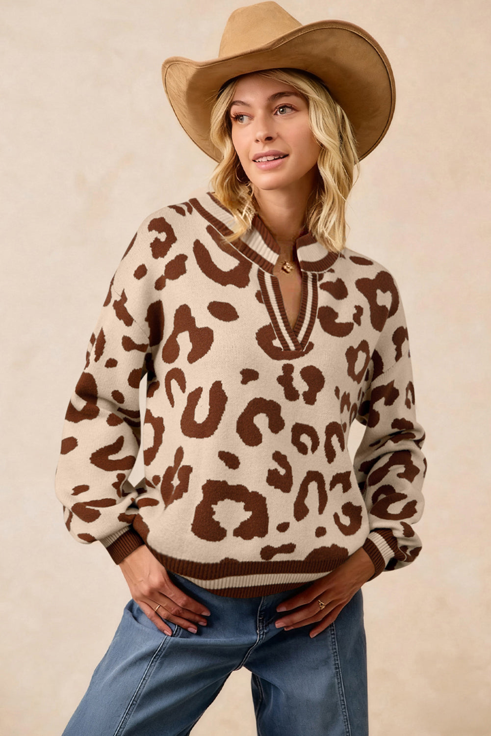 Light French Beige Leopard Printed Knit V Neck Sweater