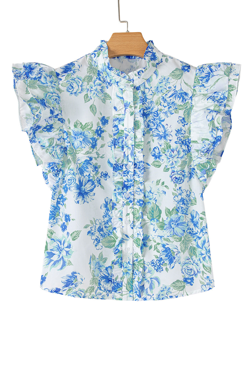 Green Floral Print Ruffle Sleeve Frill Shirt