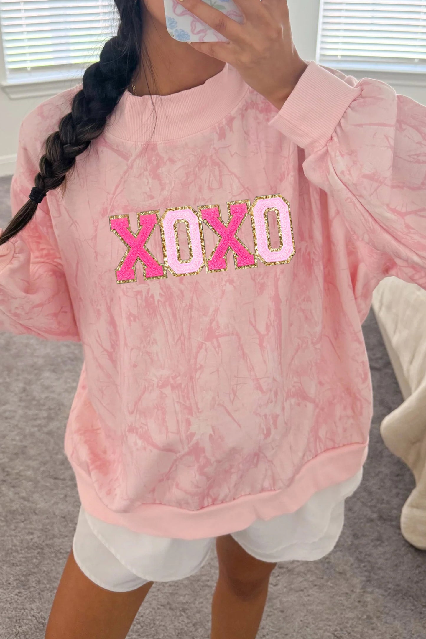 Pink XOXO Glitter Trim Chenille Patched Graphic Mock Neck Tie Dye Sweatshirt