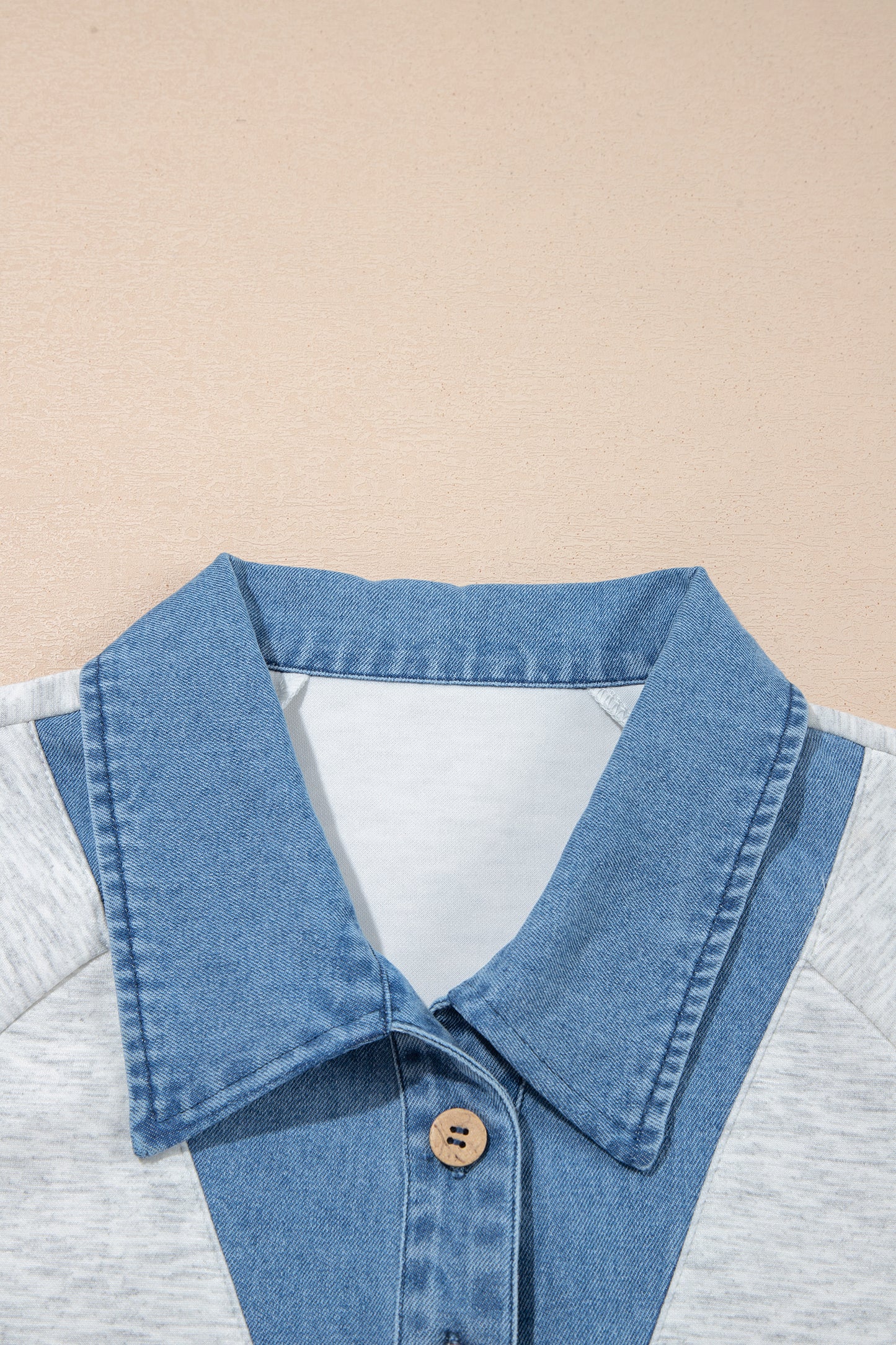 Light Grey Denim Contrast Collar Cuffed Short Sleeve Top