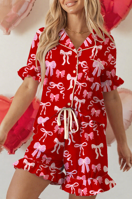 Red Sweet Bow Print Shirt Style Top Short 2pcs Pajama Set