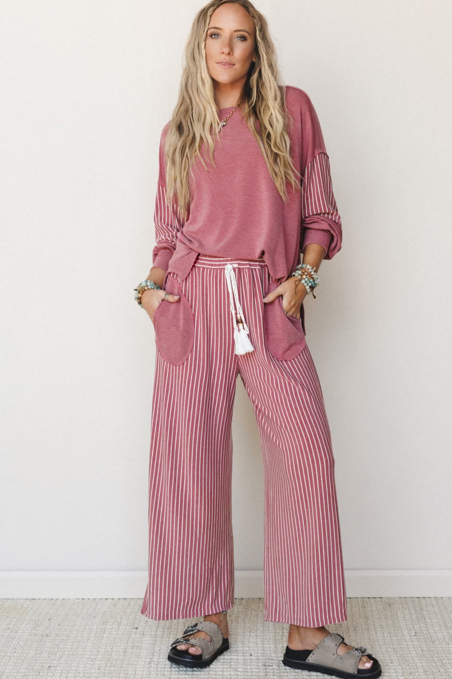 Fushia Raw Seam Patchwork Long Sleeve Top Pocket Casual Pants 2pcs Set