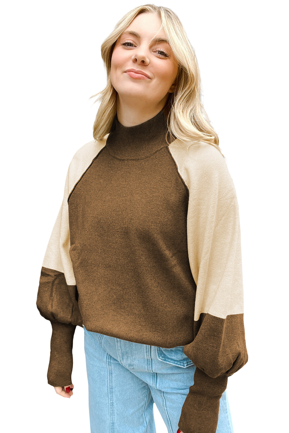 Desert Palm Colorblock Raglan Puff Sleeve Mock Neck Sweater