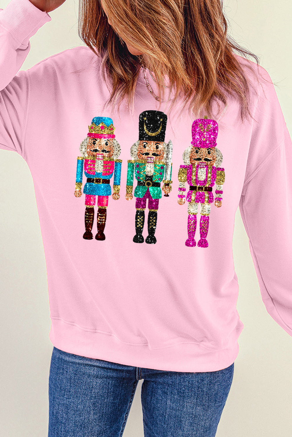 Pink Cute Nutcracker Heat Transfer Printing Graphic Drop Shoulder Christmas Sweatshirt