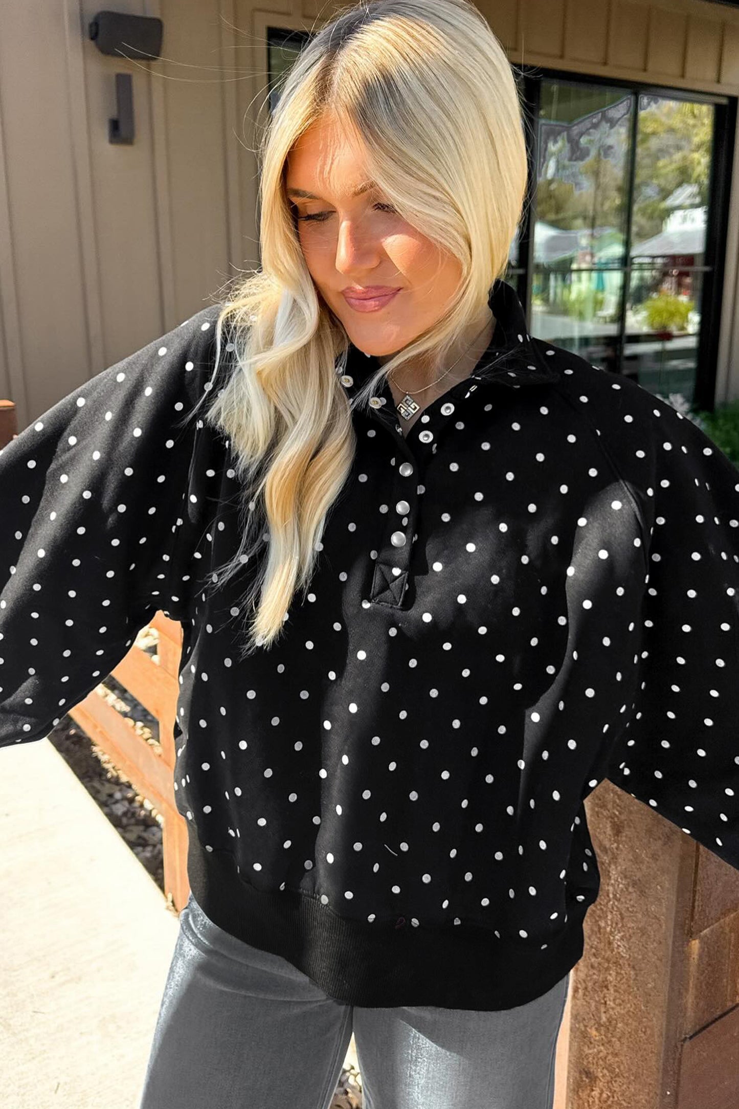 Brown Polka Dot Print Metal Button Collar Casual Pullover Sweatshirt