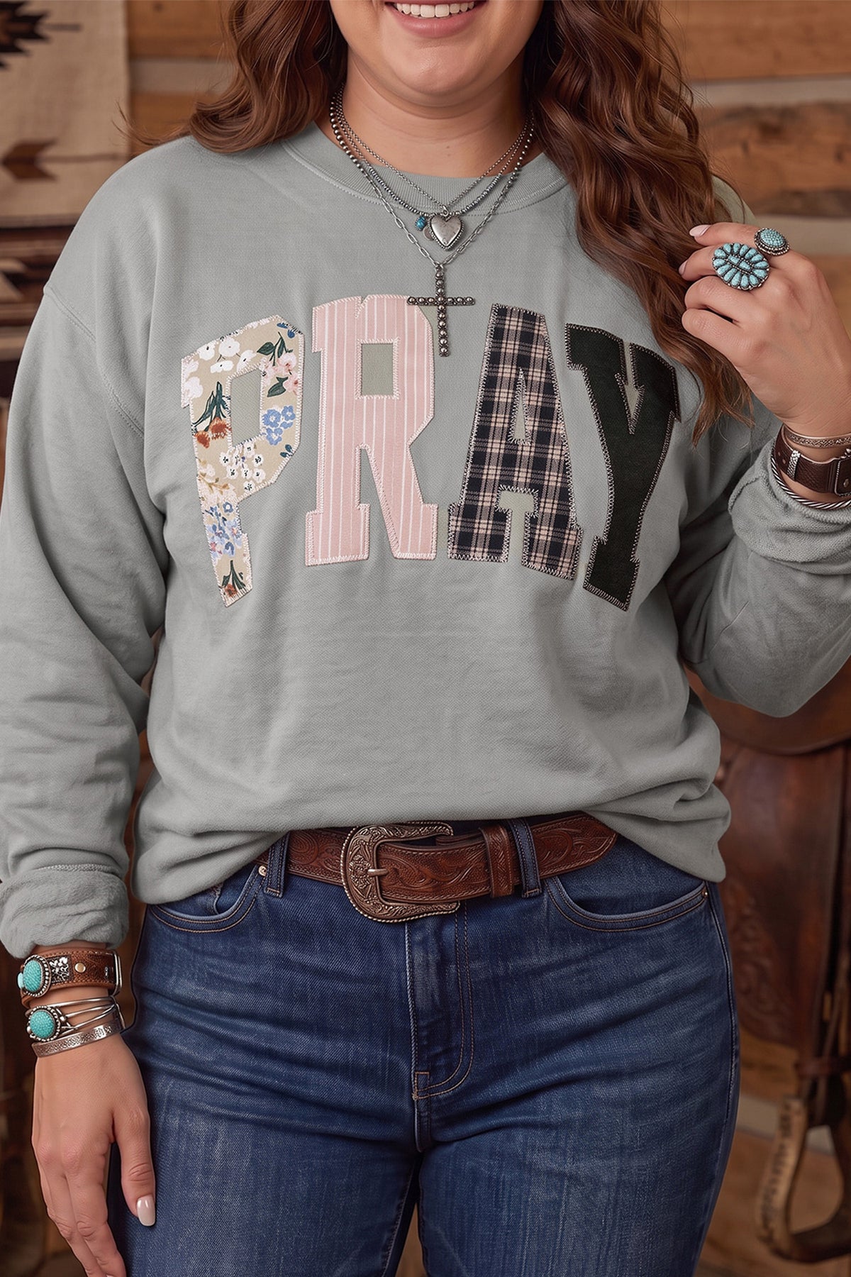 Parchment PRAY Letter Patchwork Round Neck Long Sleeve Plus Size Sweatshirt