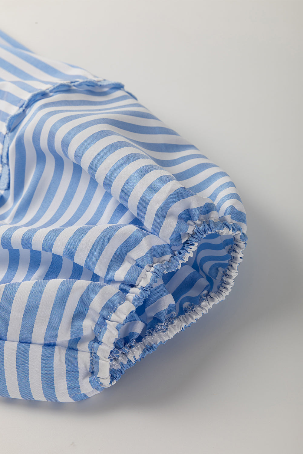 Sky Blue Striped Ric Rac Trim Collared V Neck Blouse