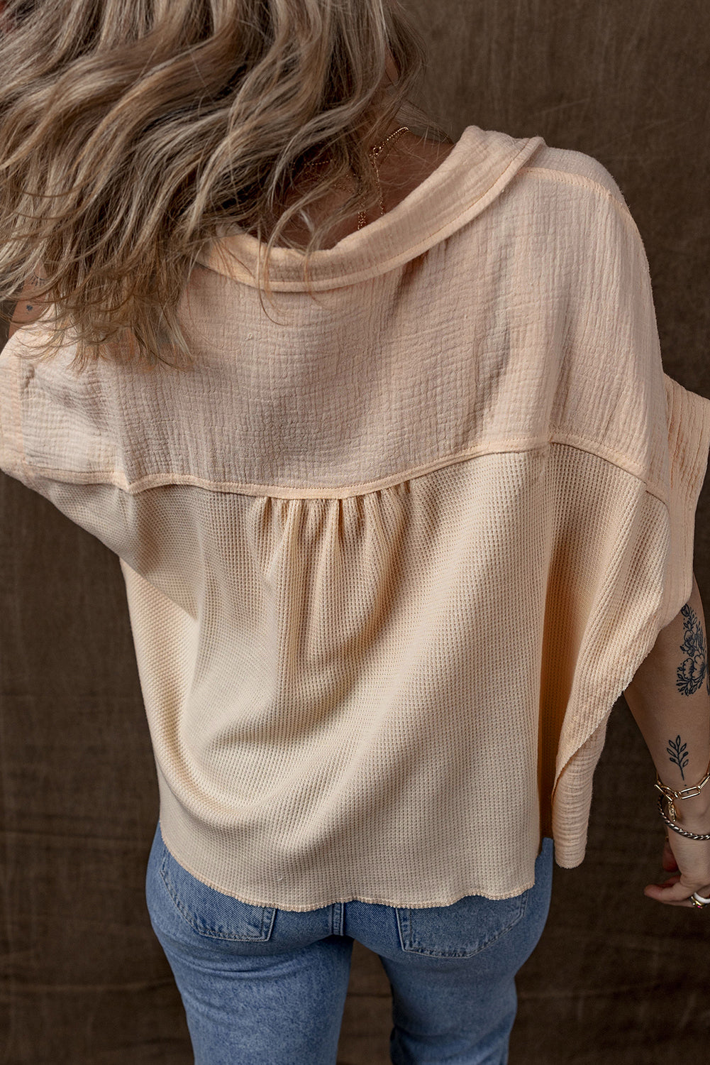 Beige Waffle Crinkle Patchwork Short Batwing Sleeve Shirt