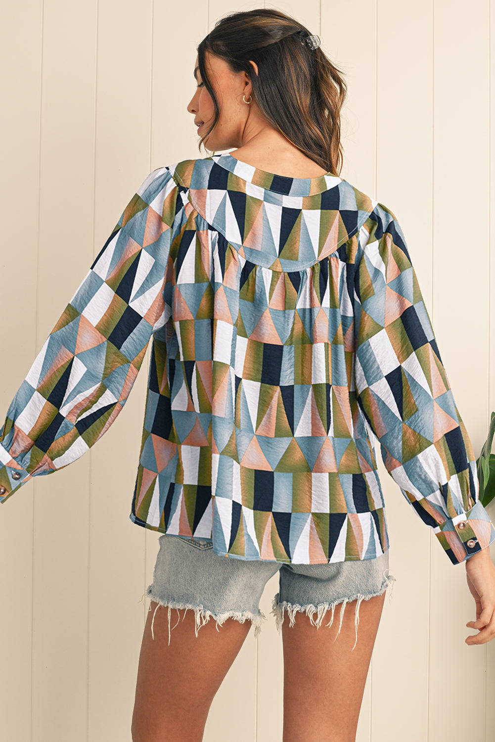 Green Geometric Print Button Balloon Sleeve Loose Fit Shirt