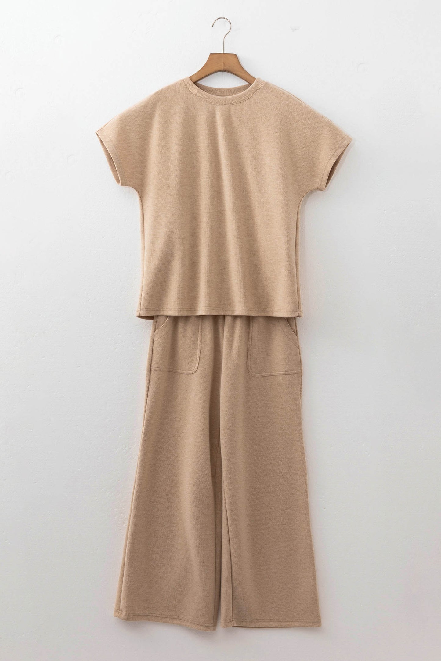 Light French Beige Solid Color Short Sleeve Ribbed Top Casual Pants 2pcs Set