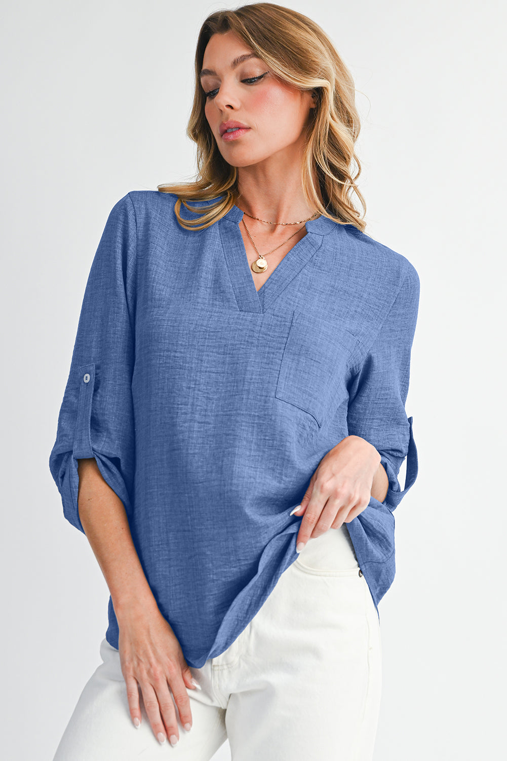 Ashleigh Blue Chest Pocket V Neck Plain Roll-up Sleeve Blouse