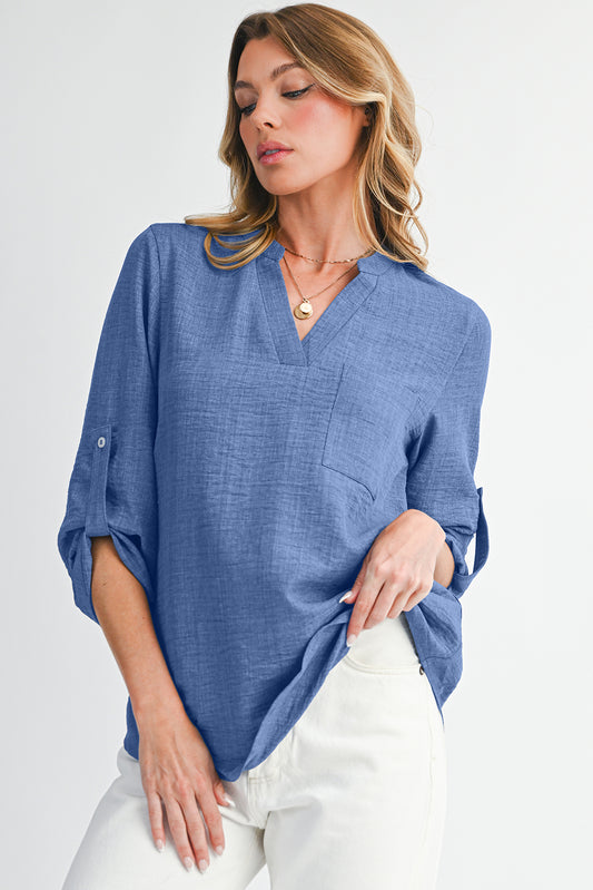 Ashleigh Blue Chest Pocket V Neck Plain Roll-up Sleeve Blouse