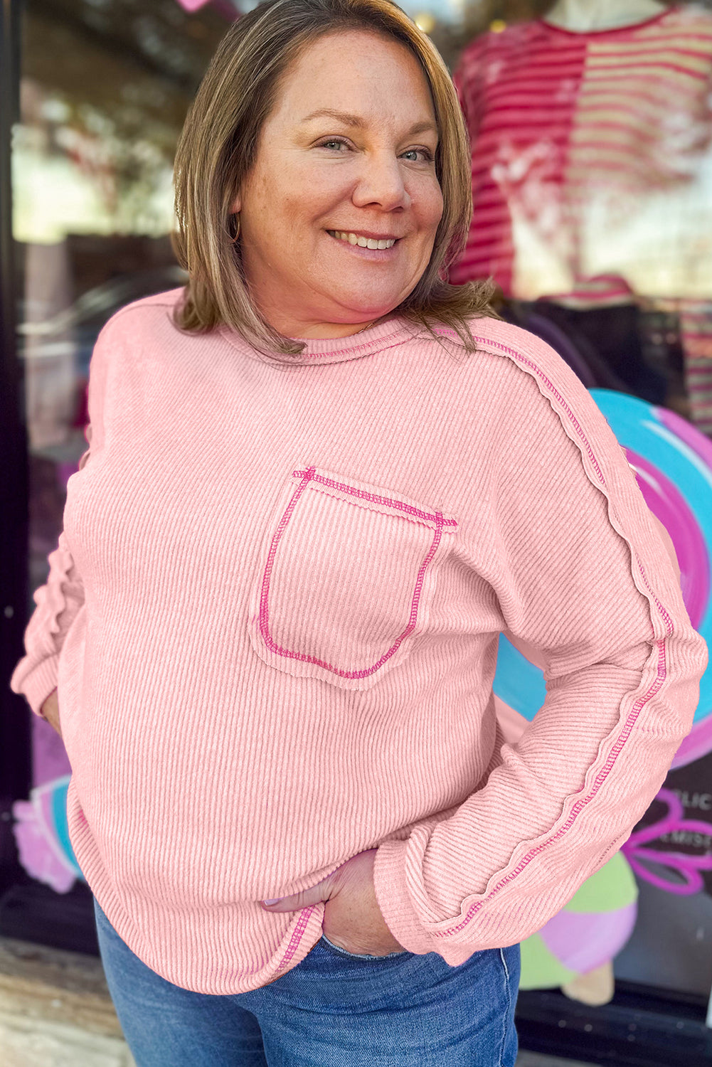 Bonbon Ribbed Exposed Seam Chest Pocket Plus Size Long Sleeve Top