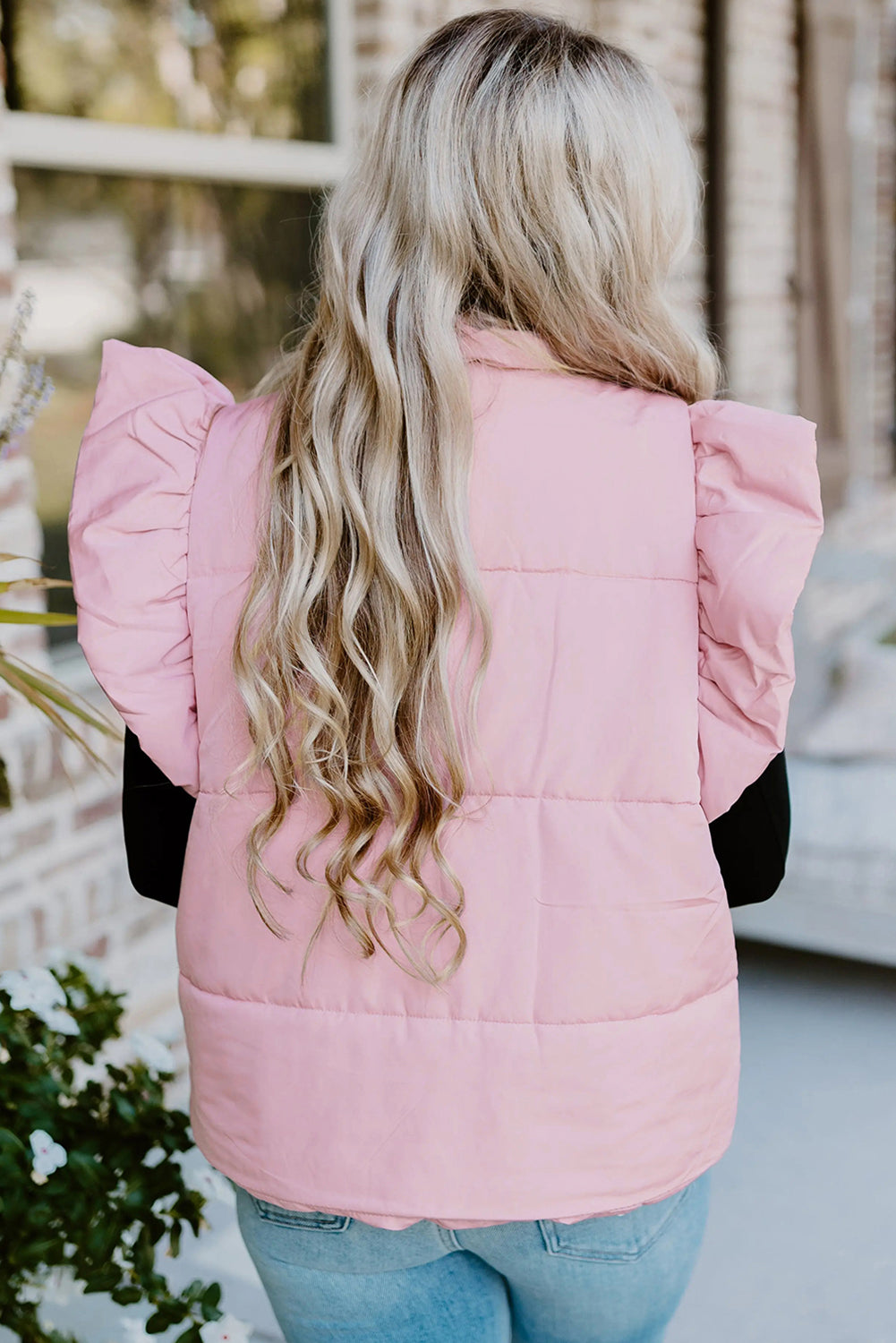 Pink Stand Neck Flutter Sleeve Snap Button Puffer Vest