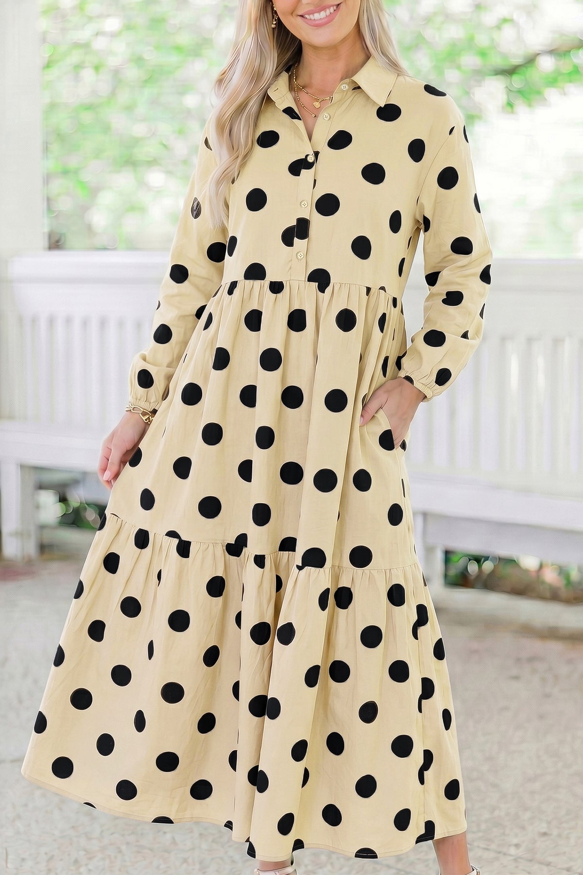 Brown Polka Dot Button Front Long Sleeve Shift Dress