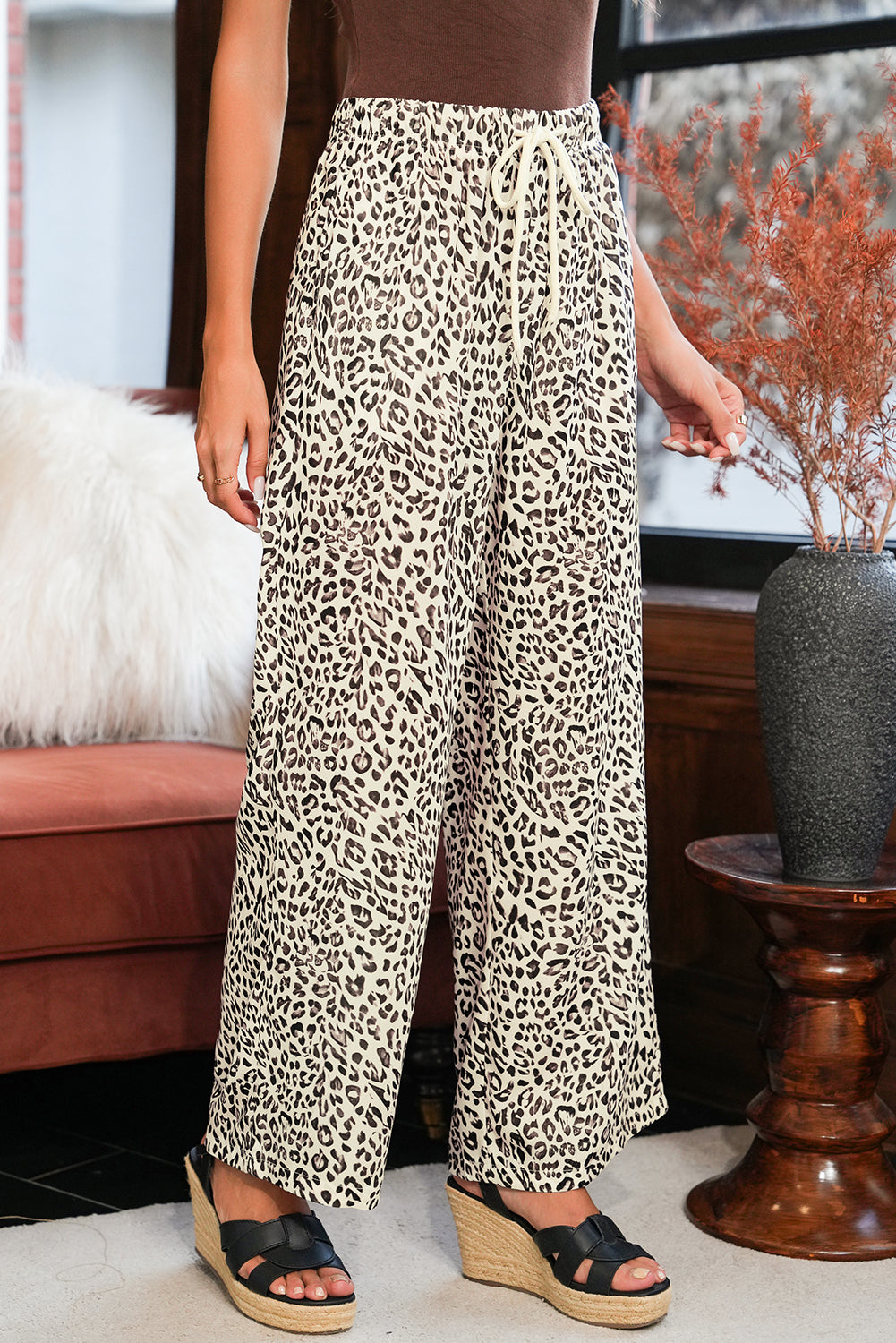 Brown Leopard Drawstring Loose Pants
