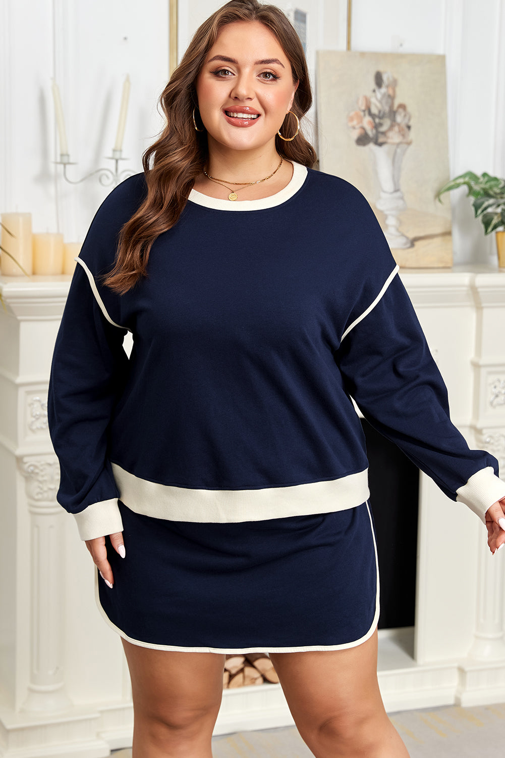 Navy Blue Plus Size Contrast Color Drop Shoulder Top and Mini Skort Outfit