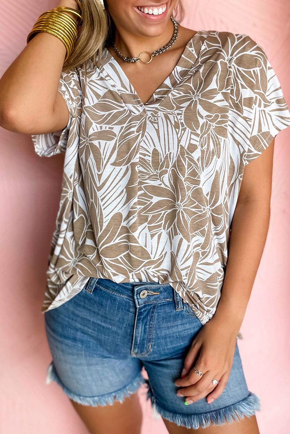 Khaki Floral Print V Neck Short Sleeve Loose Fit Blouse
