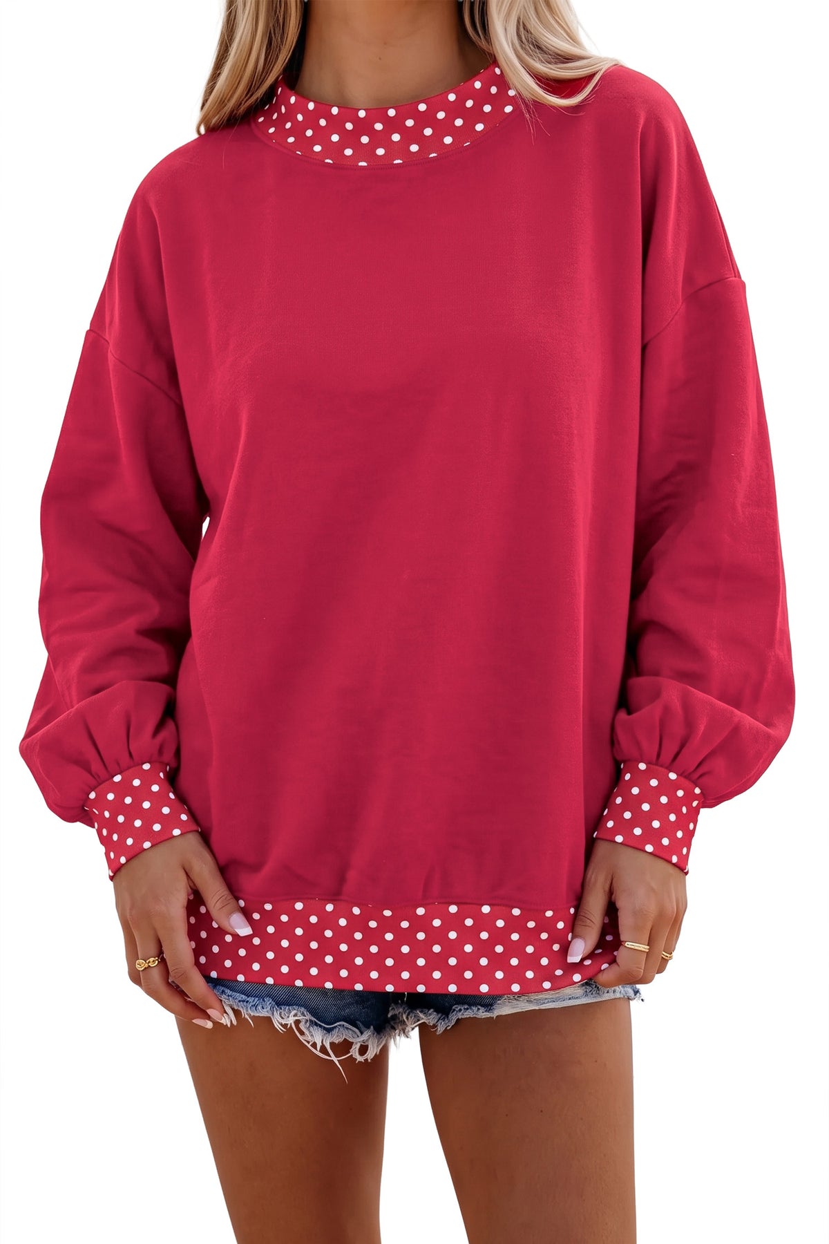 Brown Colorblock Polka Dot Contrast Trim Oversized Sweatshirt