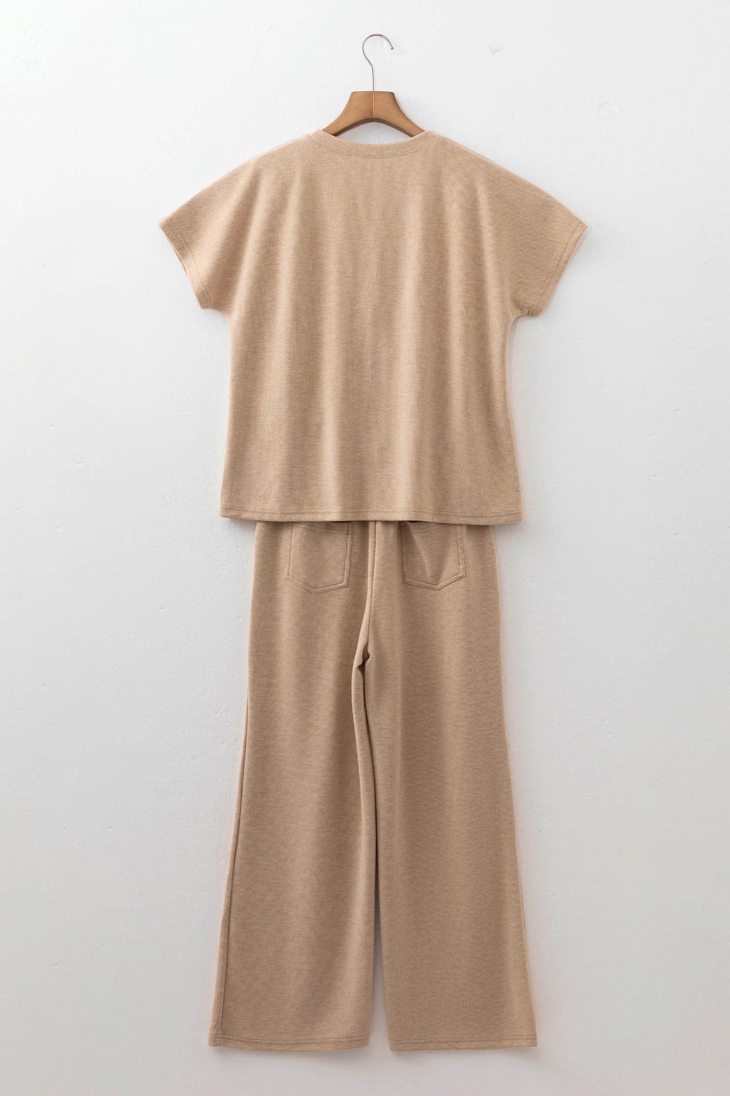 Light French Beige Solid Color Short Sleeve Ribbed Top Casual Pants 2pcs Set