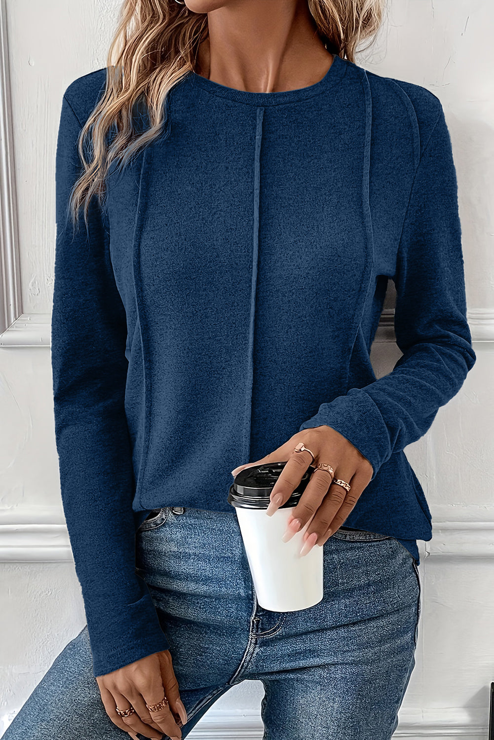 Navy Blue Solid Exposed Seam Crew Neck Long Sleeve Top