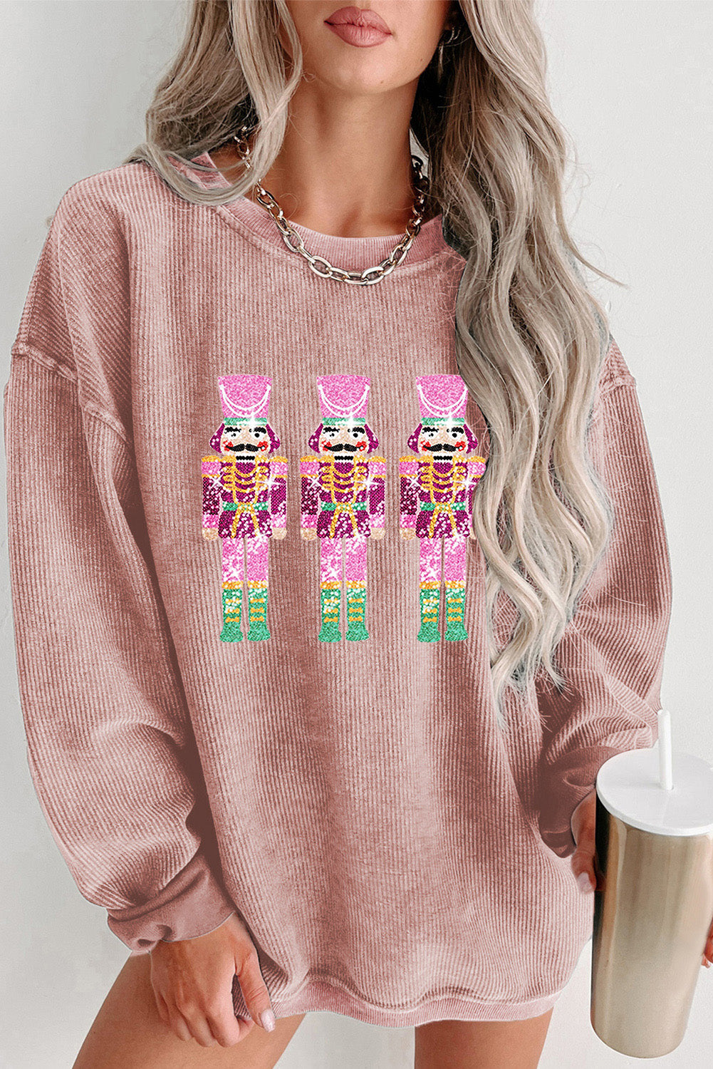Pink Nutcracker Graphic Sequins Patch Mineral Wash Corded Sweatshirt