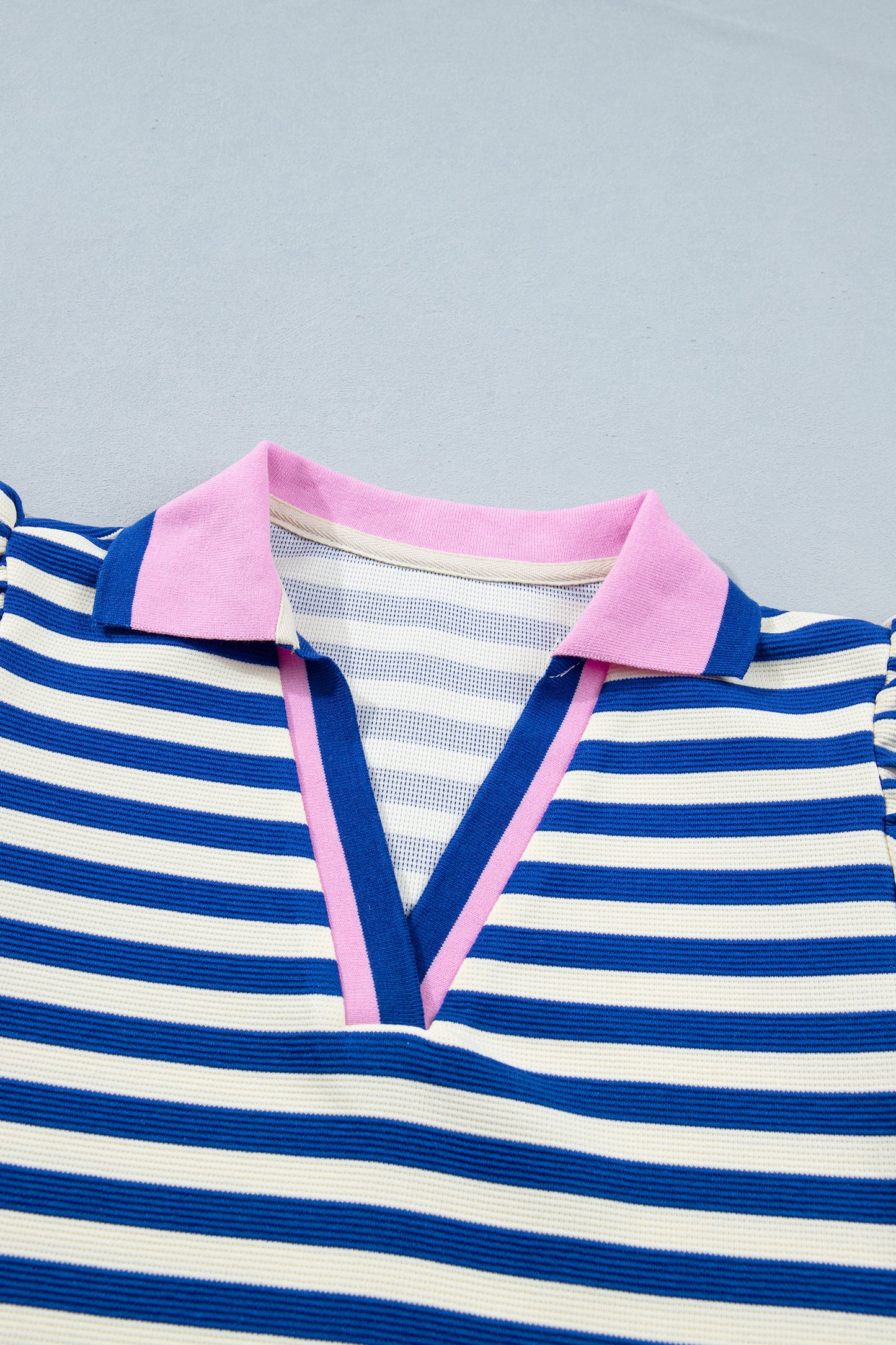 Green Stripe Contrast Trim Polo Collar Ruffled Short Sleeve Blouse