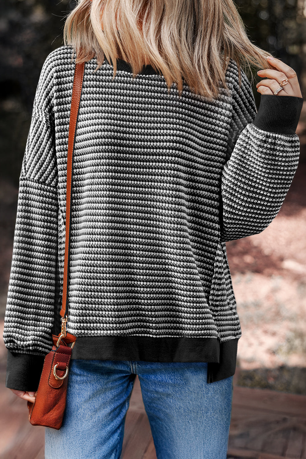 Brown Stripe Ribbed Trim Drop Shoulder Long Sleeve Oversized Top