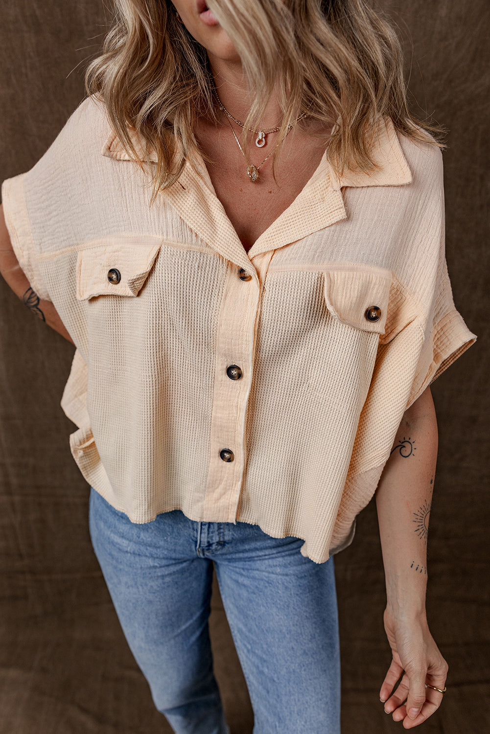 Beige Waffle Crinkle Patchwork Short Batwing Sleeve Shirt