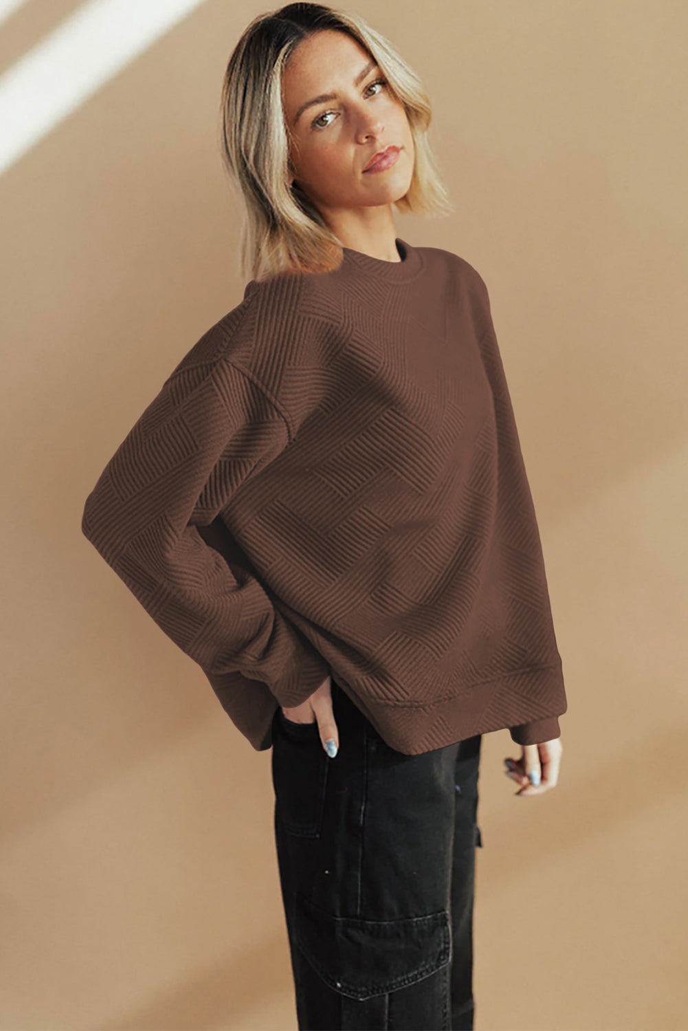 Jungle Green Solid Color Textured Round Neck Drop Shoulder Pullover Sweatshirt