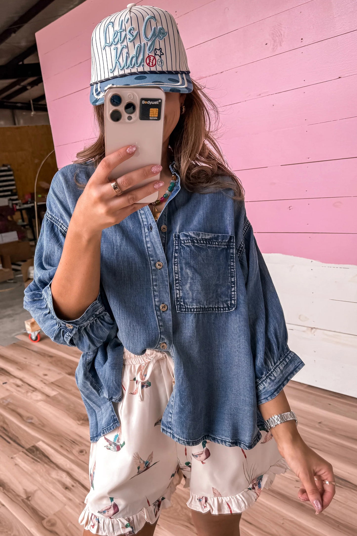 Dusk Blue Three Quarter Sleeve Button Front Loose Denim Shirt