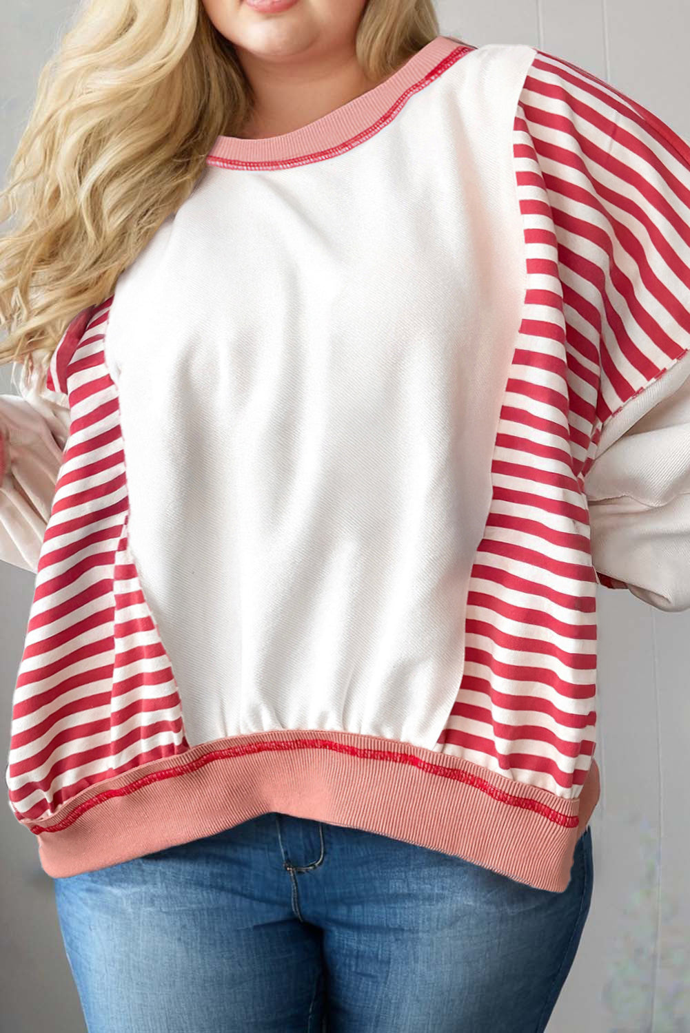 Red Stripe Colorblock Patchwork Stitching Detail Plus Size Sweatshirt