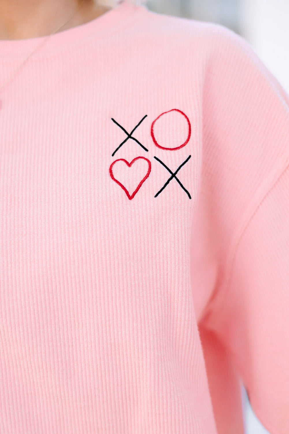 Pink 3d Ribbed XOXO Heart Embroidered Drop Shoulder Sweatshirt
