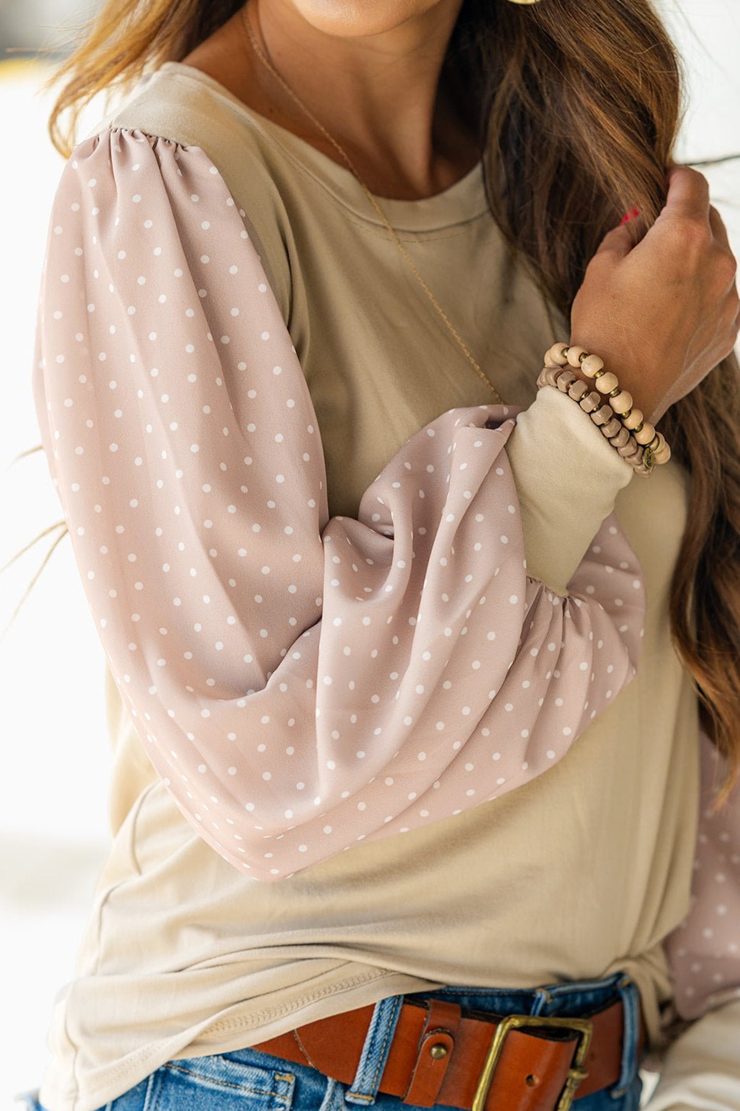 Parchment Polka Dot Long Sleeve Round Neck Plus Size Blouse