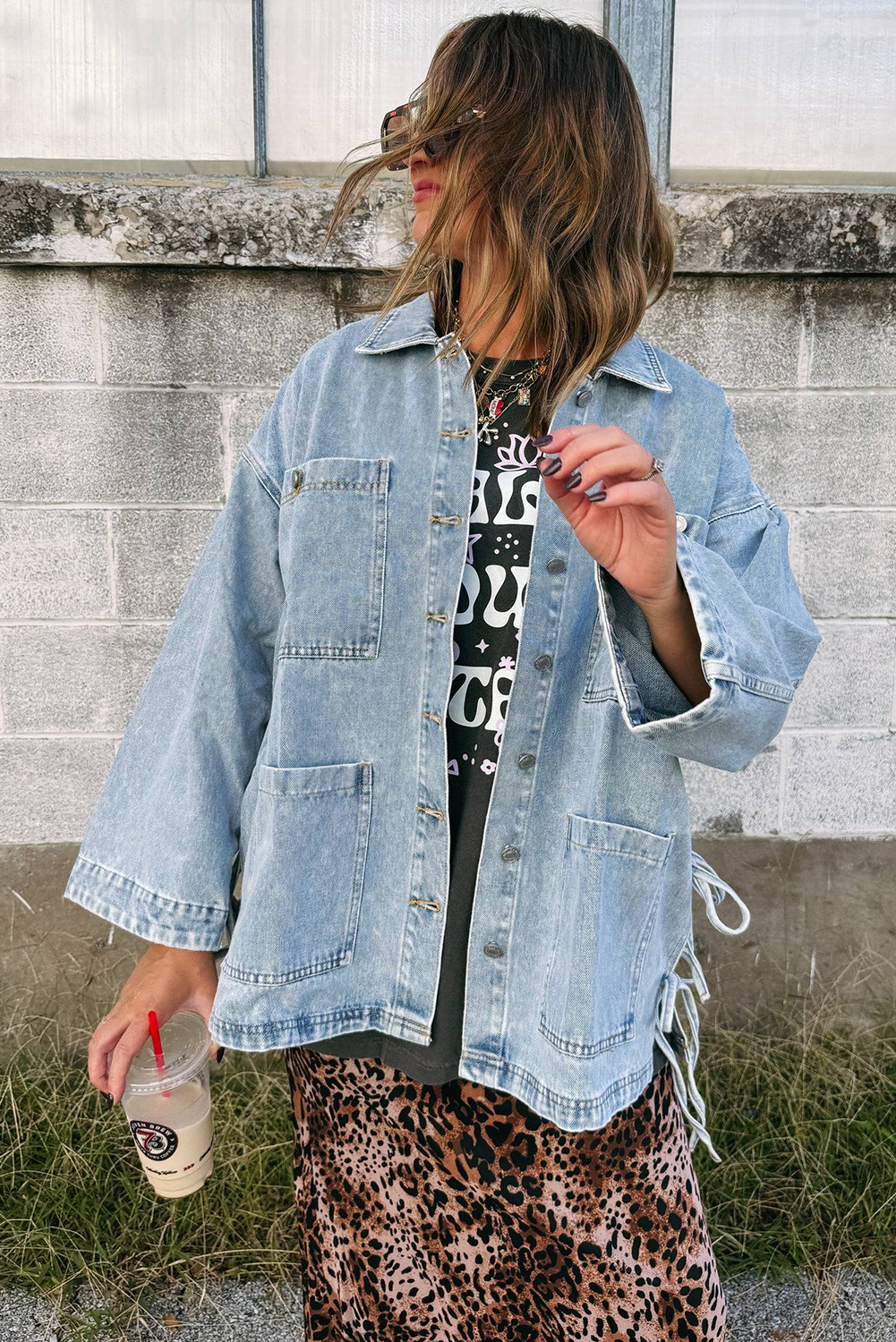 Beau Blue Multi Patched Pockets Side Tie up Boyfriend Style Denim Jacket