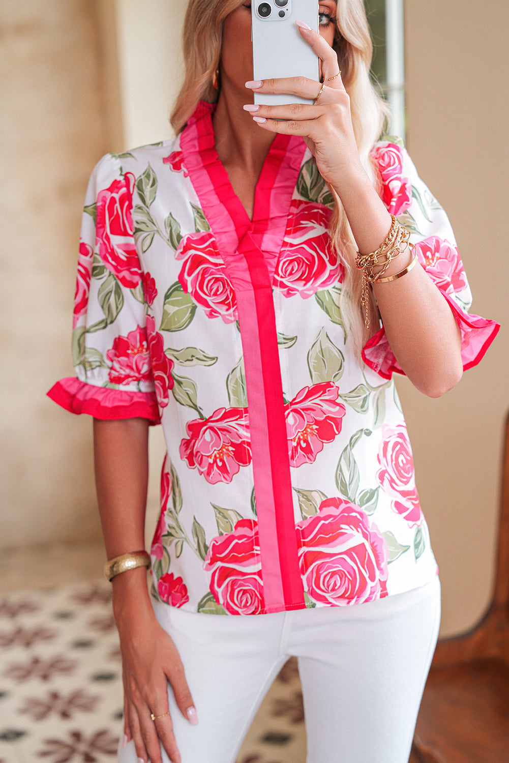 Rose Floral Print Ruffle Puff Sleeve Pop of Color Neckline Blouse