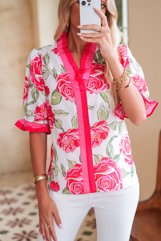 Rose Floral Print Ruffle Puff Sleeve Pop of Color Neckline Blouse